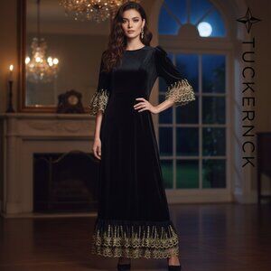 Pomander Place Black Velvet Lillith Dress NWT Gold Med